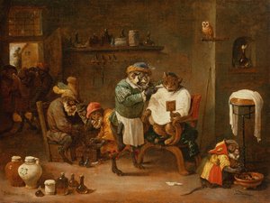 Macska a Monkeys által üzemeltetett fodrászatban (olaj, vászon)