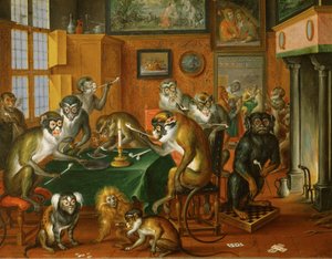 Tabakskollegium von Affen -Smoking party of monkeys ... (olaj, réz)