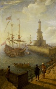 Egy spanyol háromárbocos hajó horgonyoz Nápoly (Olaszország) partjainál, a város egyik kikövezett mólójáról nézve, a világítótorony és a földközi-tengeri kikötő épületei felé.