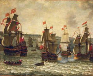 Holland és brit hajók közötti tengeri csata, az első angol-holland háború (angol-holland) 1652-1654-es epizódja. Abraham Willaerts (1603-1669) olaj, fa.