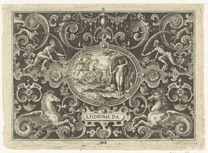 Cartouche: Perseus kiszabadítja Andromédát Ovális kartuszok Perseus életének jeleneteivel groteszkek keretein belül (sorozat címe) Androméda (cím az objektumon) alkotó: Abraham de Bruyn