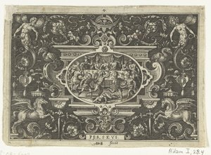 Cartouche: Phineus megzavarja Perszeusz és Androméda esküvőjét PERSEUS (cím a tárgyon) Ovális kartuszok Perseus életének jeleneteivel groteszkek keretein belül (sorozat címe) alkotó: Abraham de Bruyn
