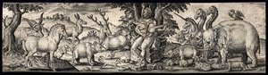 Orpheusz egy kövön ül, húros hangszert tart, és zenével elbűvöli az állatokat. Metszet A. de Bruyntől. alkotó: Abraham de Bruyn