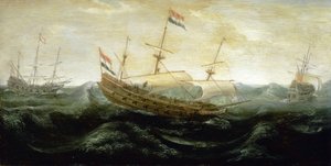 Egy holland hajó, amely nagyon viharos tengeren, csökkentett vitorlákkal halad, amelyben a szél rohan. Olaj, réz, 1625 körül, Abraham de Verwer (1585-1650 körül) alkotása. alkotó: Abraham de Verwer