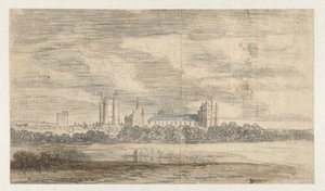 Kilátás a Château de Vincennes-re, egy fasor mögött