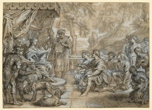 Egy hermelinpalástos, jogart tartó királynő (Szemiramisz?) trónon, előtte férfiak és nők csoportja térdel alkotó: Abraham van Diepenbeeck
