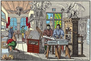 Nyomda belseje Nürnbergben, Németországban: munkások munka közben, 17. század eleje - grav. Írta: Abraham van Werdt. alkotó: Abraham van Werdt