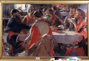 Tea idő (Tea ivás). Abram Jefimovics Arhipov (1862-1930) festménye. Olaj, vászon, 79 x 31 cm. Orosz művészet, 19. század vége-XX. század eleje. Állami B. Kustodiev Művészeti Galéria, Asztrahán (Oroszország).