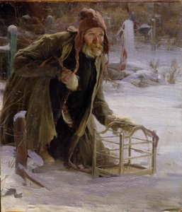 A Madárfogó. Nyomorultan öltözött, a hóban térdelve, egy férfi kalitkát tart. Abram Jefimovics Arhipov (1862-1930) festménye, olaj, vászon