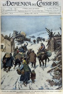 2000 ház dőlt össze a földrengést követően Szerb Macedóniában: a lakosság szomorú elvándorlása a lepusztult falvakból - dess. de A. Beltrame a „” la Domenica del Corriere”-ben, 1931.03.22. alkotó: Achille Beltrame