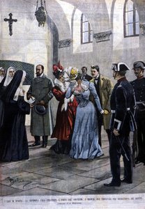 Madridban egy fiatal nő, Mademoiselle Ubao kiszakad egy apáca életéből egy kolostorban, ahol a jezsuiták javaslatára volt. Illusztráció: Beltrame. A Domenica del corriere. 1901. alkotó: Achille Beltrame