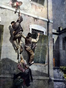 Négy rab merész szökése az asti börtönből, miután áttörték a falat. Beltrame rajza. La Domenica del Corriere. 1902 alkotó: Achille Beltrame