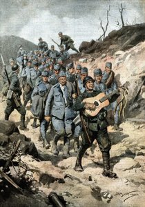 Boldog hős. Miután elfogott negyven osztrákot és egy gitárt egy barlangban, Buoncompagni közlegény az éneklő fogolycsoport élén vonult fel. Ill. de Beltrame. La Domenica del Corriere. 10/1917 alkotó: Achille Beltrame
