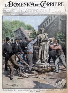 A kormány által 450 ezer líráért vásárolt szobrot Rómába szállítanak, és Rava miniszternek szállítják. Ill. de Beltrame. La Domenica del Corriere. 10/1909. alkotó: Achille Beltrame