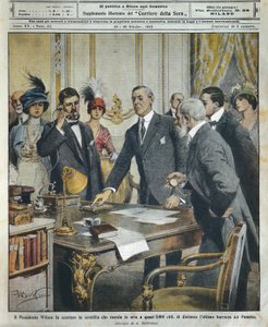 Woodrow Wilson amerikai elnök távirati úton robbantotta le a 6000 kilométerre lévő Panama-csatorna utolsó akadályát Achille Beltrame (1871-1945) a La Domenica del Corriere-ből. alkotó: Achille Beltrame
