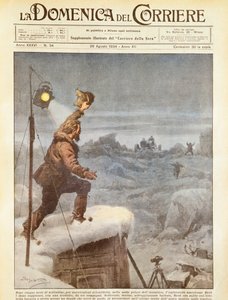 Az amerikai felfedező, Richard E Byrd, akihez öt hónapos egyedüllét után társai csatlakoztak az Antarktiszon, Achille Beltrame, illusztráció, Achille Beltrame (1871-1945), a La Domenica del Corriere-ből, 1934. augusztus 26. alkotó: Achille Beltrame