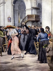 Példa a vallási moralizmusra: egy fiatal nőt egy pap és a könnyű ruházata miatt botrányos hívek kergetnek ki a templomból. Ill. of A. Beltrame. "La Domenica del Corriere" alkotó: Achille Beltrame