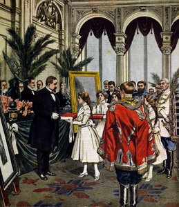 A Quo Vadis? szerzőjének évfordulója, ajándékok átadása Sinkievicznek Varsóban, Achille Beltrame illusztrációja, La Domenica del Corriere, 3. szám, január 20. alkotó: Achille Beltrame