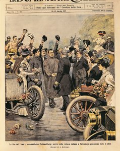 Olasz győztes autó (Itala 35/45 LE, Scipione Borghese és Ettore Guizzardi) megérkezése Szentpétervárra, a Párizs-Peking motorverseny vége, Achille Beltrame illusztrációja a La Domenica del Corriere-ből, augusztus 11-18. alkotó: Achille Beltrame