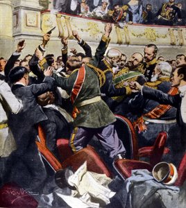 Támadás Sztolipin orosz miniszter ellen a kijevi városi színházban. Illusztráció: Beltrame alkotó: Achille Beltrame