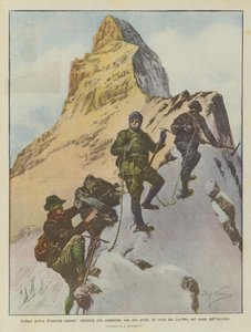 Az emberi energia merész bizonyítéka, hegymászó, aki két vezetővel meghódítja a Matterhorn csúcsát a tél szívében