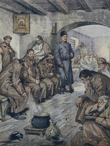 BELTRAME, Akhilleusz (1871-1945). Orosz foglyok éhségsztrájkot folytatnak tuberkulózisos társaik szabadságáért. Illusztráció: A. Beltrame, La Domenica of Corriere, június 19 alkotó: Achille Beltrame
