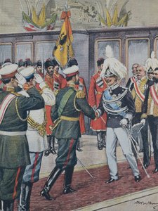 BELTRAME, Akhilleusz (1871-1945). Viktor Emmanuel III (1869-1947). olasz király (1900-1946); Miklós II. Oroszország cárja (1894-1917). OROSZORSZÁG. A cár Peterhofban fogadja III. Viktória Emmánuel olasz királyt. A. Beltrame illusztráció. A Domenica a C alkotó: Achille Beltrame