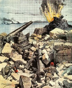 A dardanellák csata, az angol-francia flotta lerombolja a Dardanellák erődjeit, hogy áttörje a szorost és megérkezzen Konstantinápolyba, Achille Beltrame (1871-1945), illusztráció a La Domenica del Corriere-ből, március 14-21. alkotó: Achille Beltrame
