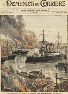A Potemkin csatahajó Odesszát bombázza, Achille Beltrame, illusztráció, Achille Beltrame (1871-1945) illusztrátor, a La Domenica del Corriere című lapból. alkotó: Achille Beltrame