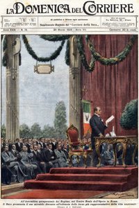 Benito Mussolini beszédet mond a római opera Teatro Realében a rezsim vezetői előtt. illusztráció: Achilles Beltrame.” Domenica del corriere”” 1929. március 24. alkotó: Achille Beltrame