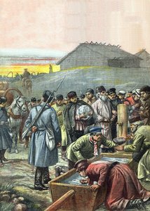 Deportált orosz politikai foglyok konvoja átutazóban a szibériai száműzetésbe, illusztráció a „La Tribuna Illustrata” magazinból, 1907. augusztus 4.