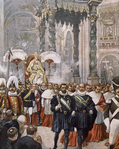 Pius pápa megkoronázása a Szent Péter-bazilikában, Vatikánban, Achille Beltrame illusztrációja a La Domenica del Corriere-ből alkotó: Achille Beltrame