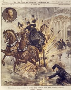 Borítóillusztráció Szergej Alekszandrovics Romanov nagyherceg terrorbomba által elkövetett merényletéről Moszkvában, Oroszországban alkotó: Achille Beltrame
