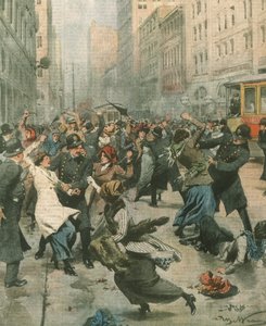 Címlapillusztráció nőkről, akik a munkanélküliség ellen tüntetnek az utcán; New York, USA alkotó: Achille Beltrame