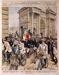 Kerékpárosok felvonulnak a Béke boltívénél, az Olasz Túraklub ünnepségén Milánóban, Olaszország, Achille Beltrame illusztrációja a La Domenica del Corriere-ból, június 4. alkotó: Achille Beltrame