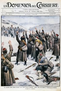 A tizedik orosz hadsereg veresége Kelet-Poroszországban: az orosz katonák megadják a fegyvert, Achille Beltrame (1871-1945) lemeze a La Domenica del Corriere-ből, 1915. február 28-március 7. alkotó: Achille Beltrame