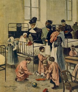 Karácsonyi ajándékok kiosztása szegény gyerekeknek kórházban, Achille Beltrame, illusztráció, Achille Beltrame (1871-1945) illusztrátor, La Domenica del Corriere, 1900. november 23. alkotó: Achille Beltrame