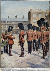 Lóhere osztása Szent Patriknak (Írország védőszentje) ír ezredek által, Anglia - A. Beltrame rajza, „La Domenica del Corriere” alkotó: Achille Beltrame