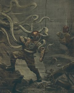 A búvárt óriás polip támadta meg merülés közben, Achille Beltrame, illusztráció, Achille Beltrame (1871-1945) illusztrátor, La Domenica del Corriere, 1908. október 25. alkotó: Achille Beltrame