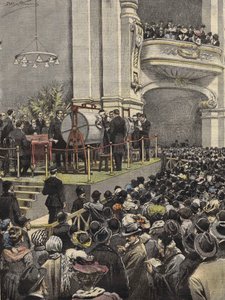 A milánói lottó sorsolása 1907-ben. Achille Beltrame illusztrációja. alkotó: Achille Beltrame