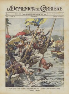 A La Spezia-i úszóversenyek során egy színpad összeomlása és a tapsoló közönség tengerbe zuhanása alkotó: Achille Beltrame