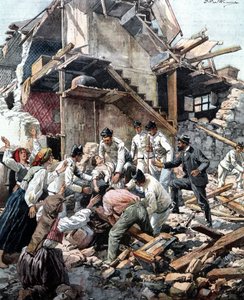 Földrengés Reggióban (Calabria) 1908.12.28. A katonák a romok között keresik a földrengés áldozatait. Illusztráció: Beltrame. alkotó: Achille Beltrame