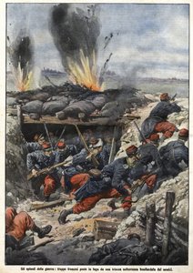 Az 1914-es háború epizódja: A francia csapatokat a lövészárokban bombázzák az ellenségek. “La Domenica del Corriere” alkotó: Achille Beltrame