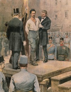 Cesare Battisti kivégzése Trentóban, Achille Beltrame, illusztráció, illusztrátor Achille Beltrame (1871-1945), La Domenica del Corriere, 1916. július alkotó: Achille Beltrame