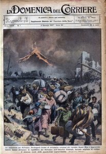 El Salvador lakosságának kivándorlása a földrengés és a Santa Rita vulkán kitörése után. Achille Beltrame illusztrációja a „” La domenica del corriere” című filmben 1937.03.01. alkotó: Achille Beltrame