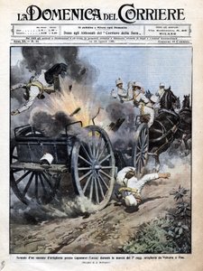 Egy tüzérségi láda felrobbanása Capannori (Lucca) közelében a 7. tüzérezred Volterrából Pisába történő átszállítása közben. Beltrame illusztrációja. „La Domenica del corriere””. 1909.08.15-23. alkotó: Achille Beltrame