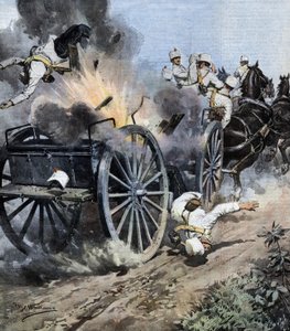 Egy tüzérségi láda felrobbanása Capannori közelében, Lucca régióban az olasz armee 7. tüzérezredének átköltözése közben. Ill. de Beltrame. La Domenica del Corriere. 08/1909. alkotó: Achille Beltrame