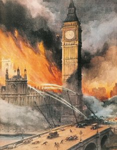 Tűz a londoni Westminster Palotában német bombázás után, illusztráció a „The Sunday Courier” című filmből alkotó: Achille Beltrame