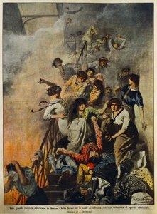 Tűz egy nagy amerikai textilgyárban: munkások a lépcsőházban, Achille Beltrame (1871-1945) illusztrációja, a La Domenica del Corriere augusztus 10-i számából. alkotó: Achille Beltrame