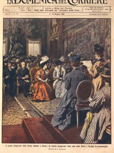 Az első olasz női kongresszus a római Capitoliumban, Achille Beltrame illusztrációja a La Domenica del Corriere május 3-i számából. alkotó: Achille Beltrame